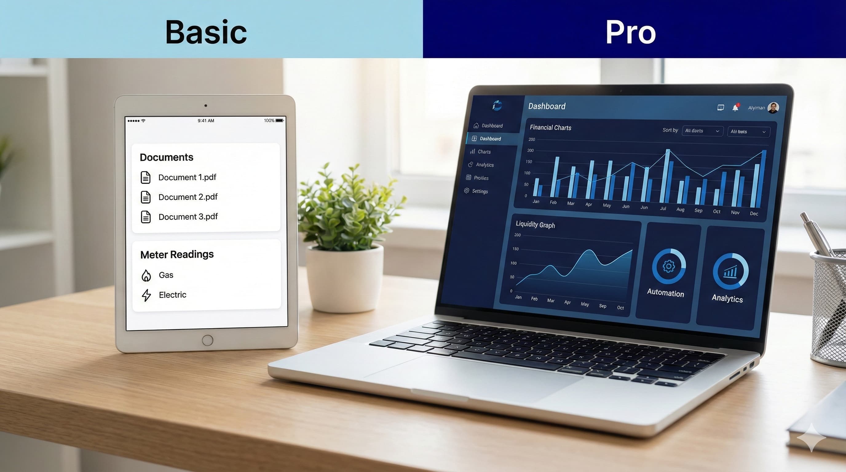 Visual comparison between Dominyo Basic and Dominyo Pro interfaces.