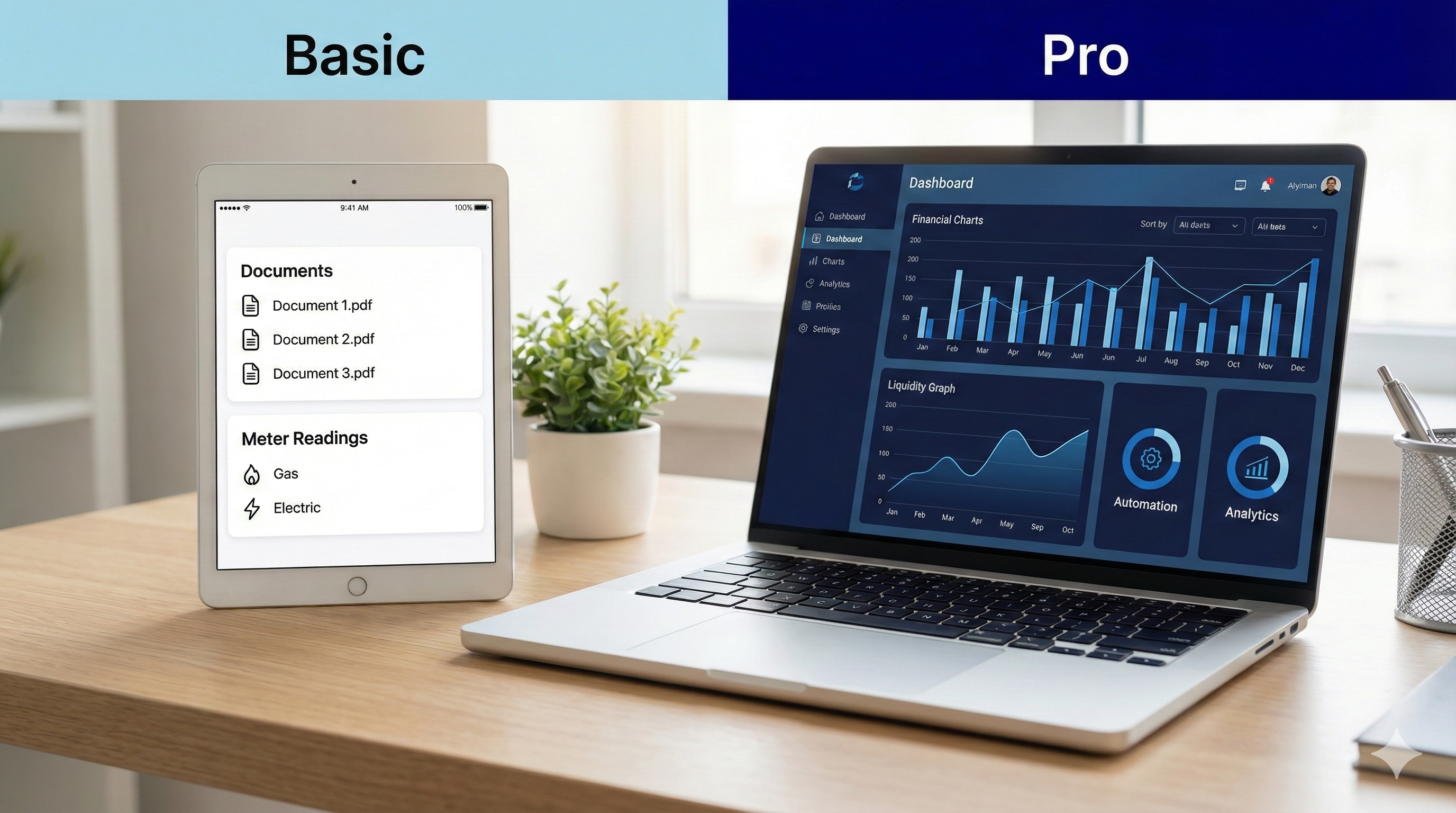Visual comparison between Dominyo Basic and Dominyo Pro interfaces.