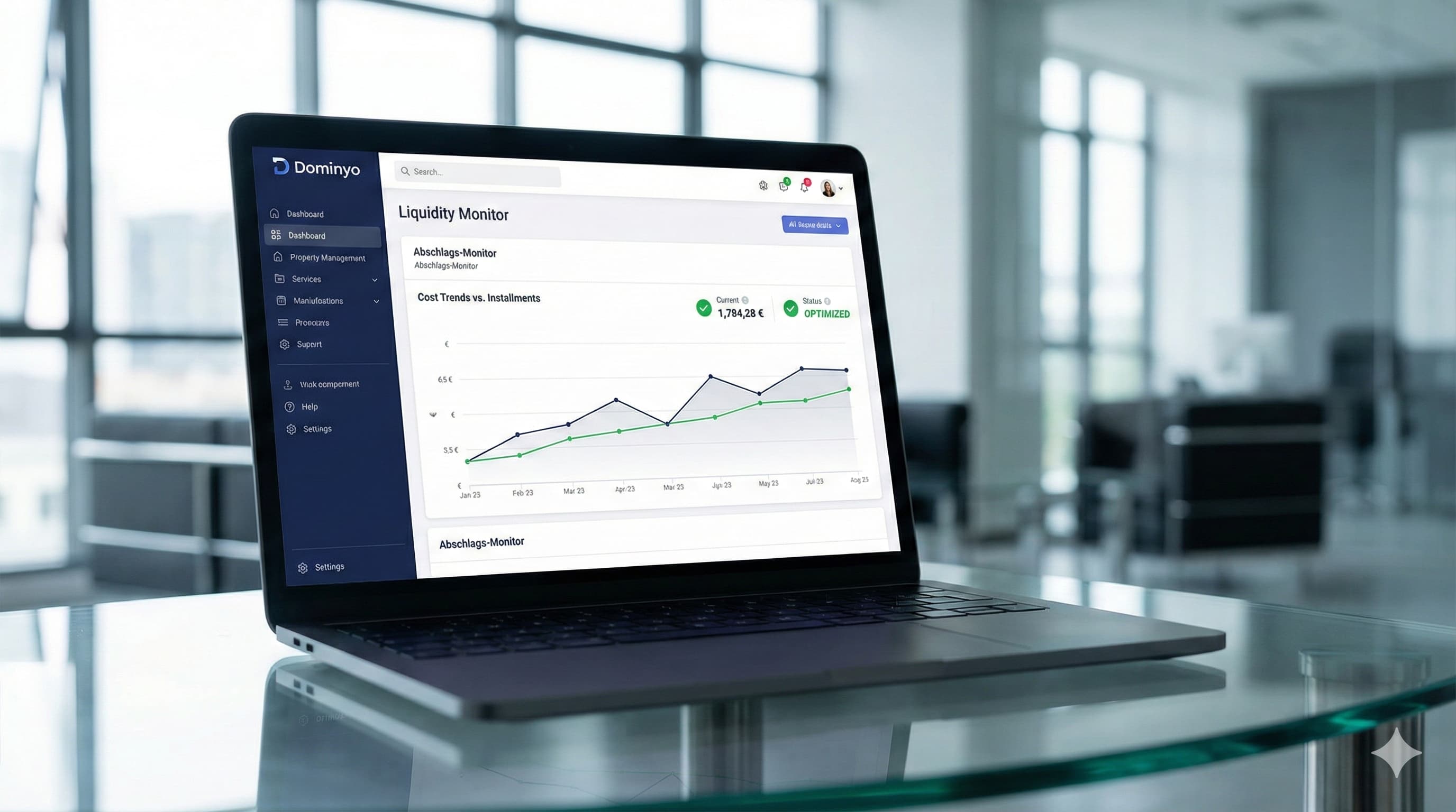 A close-up of the Dominyo Pro financial dashboard, highlighting the liquidity monitor feature.